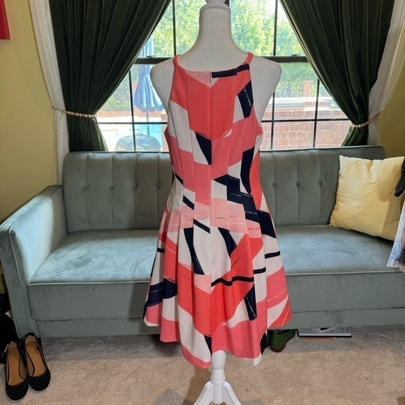 Beautiful Vince Camuto Brushstoke Fit and Flare Dress Coral, Blue, Pink Pastel - Picture 3 of 5